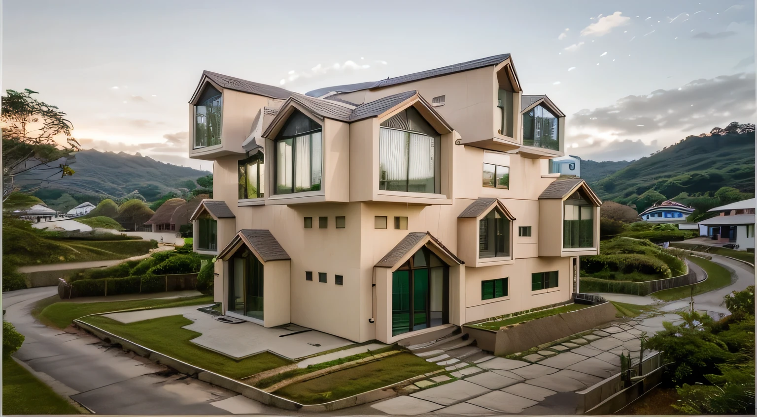 in the morning, sunrise, contemporary house exterior, beige and white mix together, glass door and window, large span balcony, on grassland, hillside, tropical landscape, masterpiece, high quality, ultra hd,