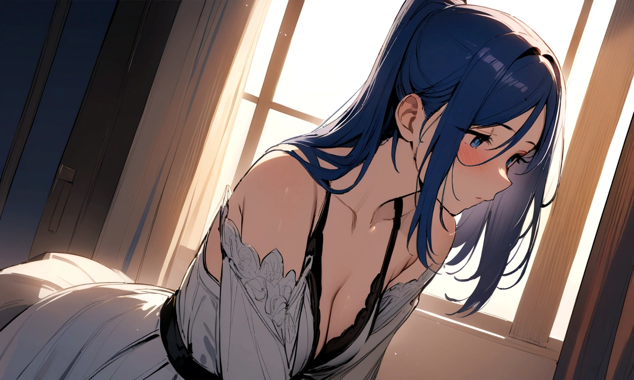 ((Highest quality)), ((masterpiece)), (detailed), Perfect Face、NSFW、On all fours、Big Breasts、solo、Covered in semen、From the back、underwear、、Creampie、stockings、Striped panties－、Blue Hair、Side Ponytail、Striped panties－、Butt、