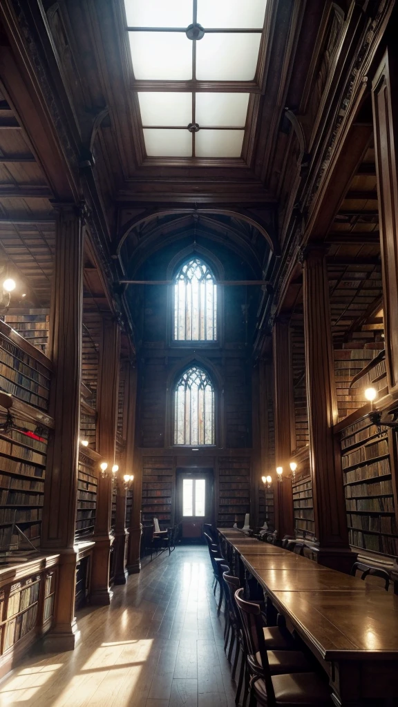interior of an old library: Shelves full of parchment rolls, wooden tables with lit candles and a window through which the light of dawn enters. Warm lighting and deep shadows for a cozy atmosphere