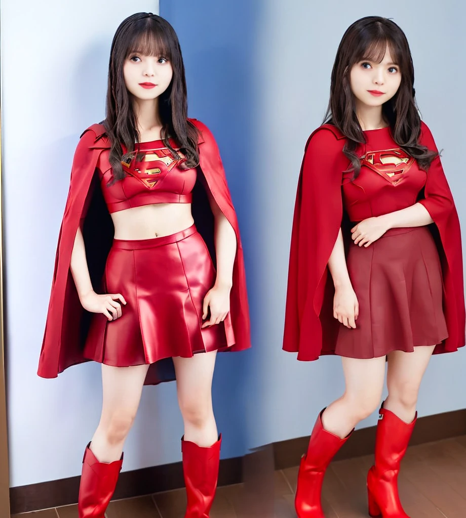 Wearing a Supergirl costume、Red Boots、Red Cape、Red Skirt、Standing posture、Black Hair、Blue clothes、Inner thighs