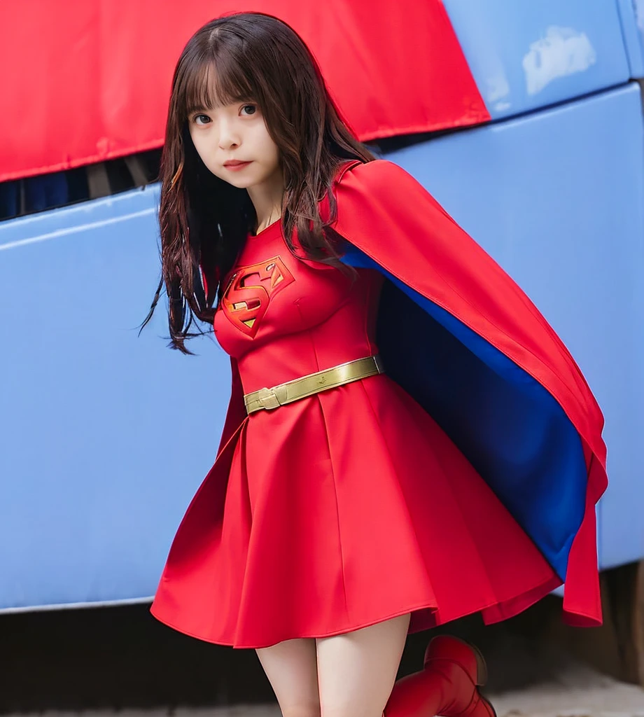 Wearing a Supergirl costume、Red Boots、Red Cape、Red Skirt、Standing posture、Black Hair、Blue clothes、Inner thighs