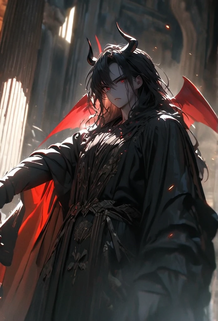 (solo), masculine, black hair, messy hair, mane hair, long hair, dense hair, wild hair, expressive hair, mature,(25 year old), pale skin, red eyes, ((man)), wearing a black robe, black demon horns,, serious, red wings, handsome, attractive, eye reflection, depth of field, thunder aura,cinematic lighting, ray tracing, depth of field, cinematic lighting, ray tracing, UHD, high details, best quality, highres, high quality, award winning, super detail, masterpiece, 8k, UHD, high details, best quality, highres, high quality, award winning, super detail, masterpiece, 8k, digital art, anime coloring, full body, body shot, good face, perfect face, detailed face, good eyes, sitting on a throne