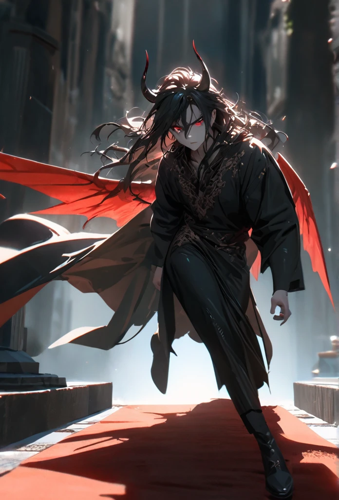 (solo), masculine, black hair, messy hair, mane hair, long hair, dense hair, wild hair, expressive hair, mature,(25 year old), pale skin, red eyes, ((man)), wearing a black robe, black demon horns,, serious, red wings, handsome, attractive, eye reflection, depth of field, thunder aura,cinematic lighting, ray tracing, depth of field, cinematic lighting, ray tracing, UHD, high details, best quality, highres, high quality, award winning, super detail, masterpiece, 8k, UHD, high details, best quality, highres, high quality, award winning, super detail, masterpiece, 8k, digital art, anime coloring, full body, body shot, good face, perfect face, detailed face, good eyes, sitting on a throne
