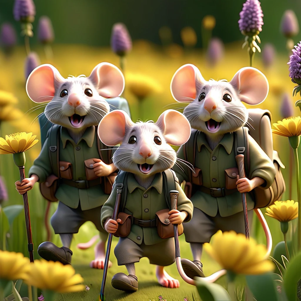 several old mice with thick gray beards, wearing backpacks and hiking gear, walking terrified through a lush flower field, carrying a wooden walking cane, looking weak and scared, (best quality,4k,8k,highres,masterpiece:1.2),ultra-detailed,(realistic,photorealistic,photo-realistic:1.37),detailed texture, intricate details, warm lighting, natural colors, serene landscape, depth of field