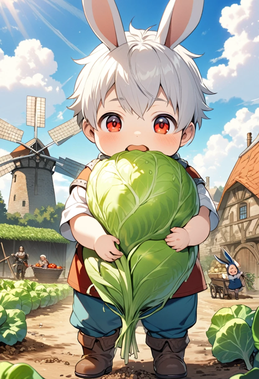 1boy, solo, (male , , toddler, shota:1.3), white hair, red eyes, rabbit ears, pale skin, holding huge carrot, white shirts, short sleeves, scarf, puffy blue long shorts, brown boots, harvest, 
BREAK male focus, medieval, fantasy, outdoors, farm, potato, cabbage, turnip, onion, tomato, scarecrow, blue sky, cloud, sunlight, windmill, dirt, soil,