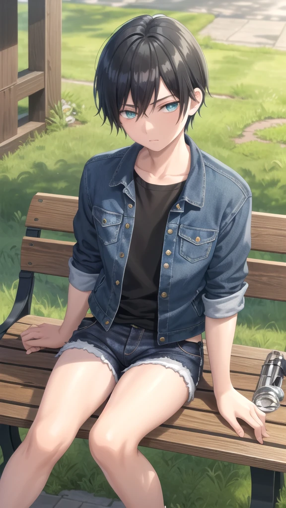 masterpiece, best quality, high quality, 1boy, solo, 14-year-old boy,evil boy,male focus, looking at viewer , black hair, old-school swoop haircut,blue jean jacket,black shorts, emerald eyes, sitting on a bench 