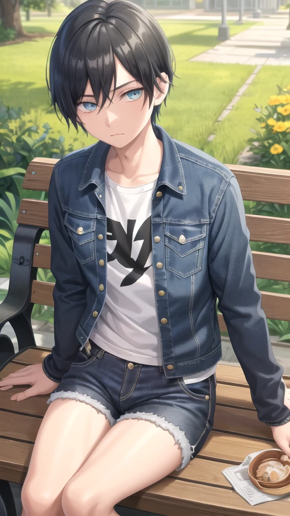 masterpiece, best quality, high quality, 1boy, solo, 14-year-old boy,evil boy,male focus, looking at viewer , black hair, old-school swoop haircut,blue jean jacket,black shorts, emerald eyes, sitting on a bench 