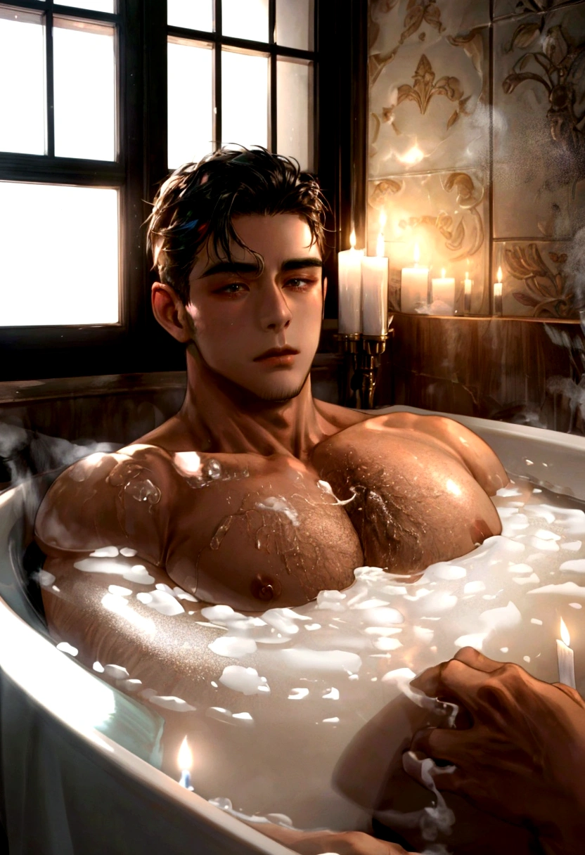 A handsome man with a big chest in a bathtub, candle lit bubble bath, big pecs, attractive male, sexy masculine, relaxing, handsome male, oppai, oppai proportions, cinematic lighting, high contrast, vivid colors, 8k, masterpiece