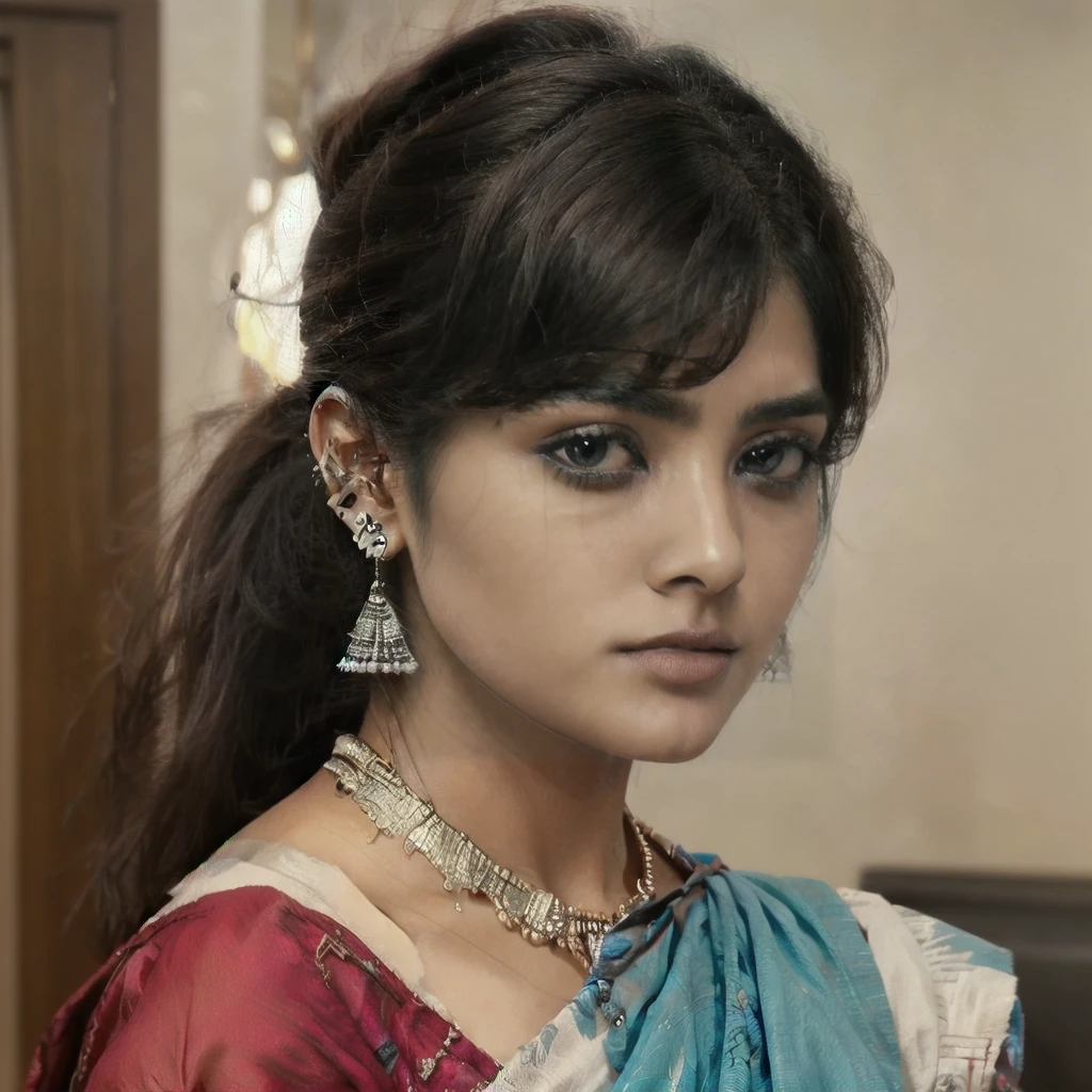 A 30-year-old Indian woman with mid-length black hair styled in a ponytail and side-swept bangs from left to right. The edge of her bangs is cut into a straight line, but they look unprofessionally cut, not like modern bangs. She has black eyes and fair skin. She is wearing a traditional saree. The side swept bangs are not hanging halfway above the ears