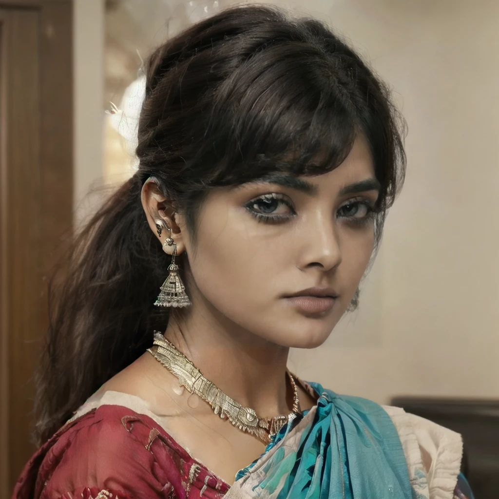 A 30-year-old Indian woman with mid-length black hair styled in a ponytail and side-swept bangs from left to right. The edge of her bangs is cut into a straight line, but they look unprofessionally cut, not like modern bangs. She has black eyes and fair skin. She is wearing a traditional saree. The side swept bangs are not hanging halfway above the ears