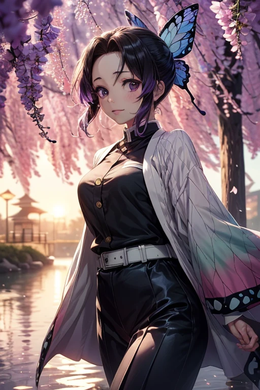 A highly detailed and high-resolution masterpiece by Shinobu Kocho, The beautiful and terrifying dynamic action of the Demon Slayer Corps. Her voyeur had some butterflies., Highlights the exquisite detail of her butterfly-themed outfit and the fierce expression on her face. Set the scene at dusk, A calm lake with cherry blossom petals in the background. Utilizing rich colors and three-dimensional light、Expressing mysterious beauty and strength。.