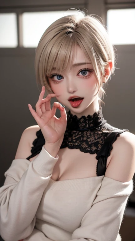 Blonde woman with short bob、Full body portrait、Black knitted dress、Background white、Cat ears headband、
