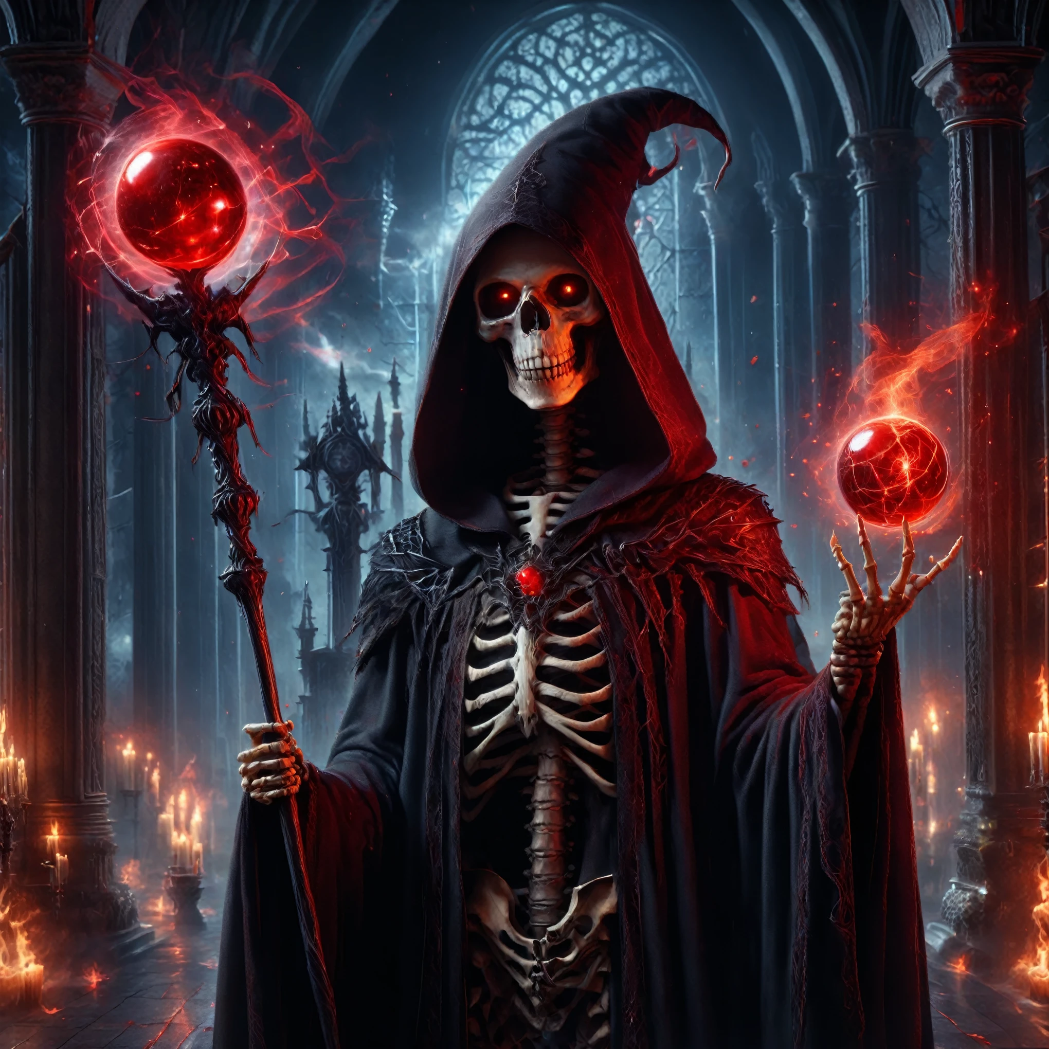 a detailed and realisitic image of a skeleton wizard, wearing black magic cloak and hood, wielding a red orbstaff, glare eyes, Casting red magic, cemetery in the background, night time, High definition, work of art, best qualityer, hyper detailled, ultra detaild, realisitic,