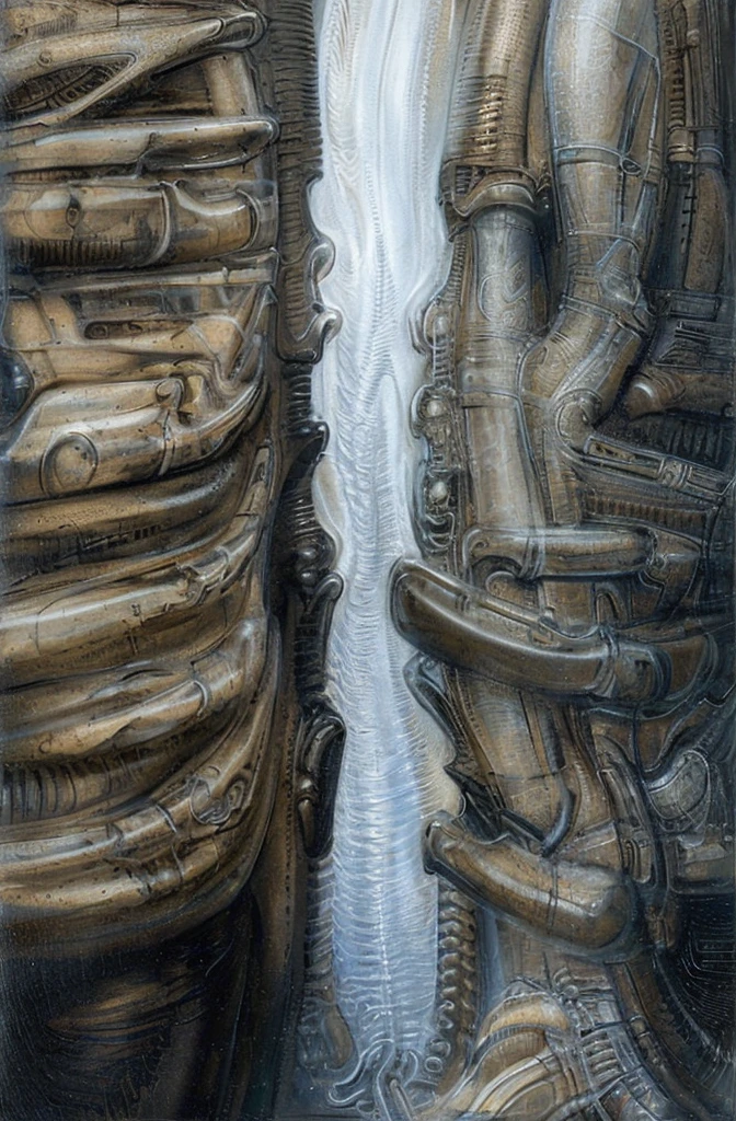 
The image is a detailed view of H.R. Giger's \" samurai\" plate, featuring a complex network of bones and organs in a purple-brown hue ,swirling gray and brown colors. The artwork is silver and purplish brown, with an ivory bones prominently displayed. The image is highly detailed and intricate, almost like a 3d version of a medical sketch

 The image shows a close-up of a sculpture of two fossilized lifeforms showing more detail than the other. The sculpture appears to be made of a textured material, possibly wood or stone, and the surfaces are carved with a degree of realism. The background is blurred, suggesting waterfall. the focus is on the sculptures itself.
 The image depicts a complex, biomechanical structure with a level of detail achived by fractal algorightmic art, that suggests a sci-fi or futuristic theme.Is a digital artwork featuring a complex, intricate, and colorful design. It is a blend of geometric shapes, lines, and forms that create a sense of depth and dimension.

The piece is a tableau, most likely created with airbrush and an India ink wash, determined by the thin lines, shading techniques, and the texture of the paper, which is visible around the edges.
used is pen, given the shading and variations in line weight visible in the image. One have used a variety of brushes with different degrees of hardness to achieve the shading effects

The placement of the creatures on the sides follows the rule of thirds, a principle in composition that places important elements along imaginary lines dividing the image into thirds both horizontally and vertically.
The background is dark and limited , a series of arches and tunnels that recede into the distance. The lack of detail keeps the focus on the creatures in the foreground and creates a sense of mystery environment.
The art performance showcases the artist’s skills in observation and rendering. The level of detail in the piece suggests a close study of real 
The style  is clearly biomechanical. Featu