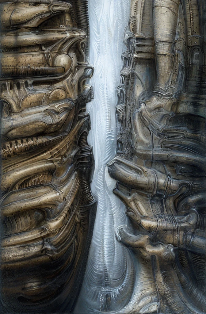 
The image is a detailed view of H.R. Giger's \" samurai\" plate, featuring a complex network of bones and organs in a purple-brown hue ,swirling gray and brown colors. The artwork is silver and purplish brown, with an ivory bones prominently displayed. The image is highly detailed and intricate, almost like a 3d version of a medical sketch

 The image shows a close-up of a sculpture of two fossilized lifeforms showing more detail than the other. The sculpture appears to be made of a textured material, possibly wood or stone, and the surfaces are carved with a degree of realism. The background is blurred, suggesting waterfall. the focus is on the sculptures itself.
 The image depicts a complex, biomechanical structure with a level of detail achived by fractal algorightmic art, that suggests a sci-fi or futuristic theme.Is a digital artwork featuring a complex, intricate, and colorful design. It is a blend of geometric shapes, lines, and forms that create a sense of depth and dimension.

The piece is a tableau, most likely created with airbrush and an India ink wash, determined by the thin lines, shading techniques, and the texture of the paper, which is visible around the edges.
used is pen, given the shading and variations in line weight visible in the image. One have used a variety of brushes with different degrees of hardness to achieve the shading effects

The placement of the creatures on the sides follows the rule of thirds, a principle in composition that places important elements along imaginary lines dividing the image into thirds both horizontally and vertically.
The background is dark and limited , a series of arches and tunnels that recede into the distance. The lack of detail keeps the focus on the creatures in the foreground and creates a sense of mystery environment.
The art performance showcases the artist’s skills in observation and rendering. The level of detail in the piece suggests a close study of real 
The style  is clearly biomechanical. Featu