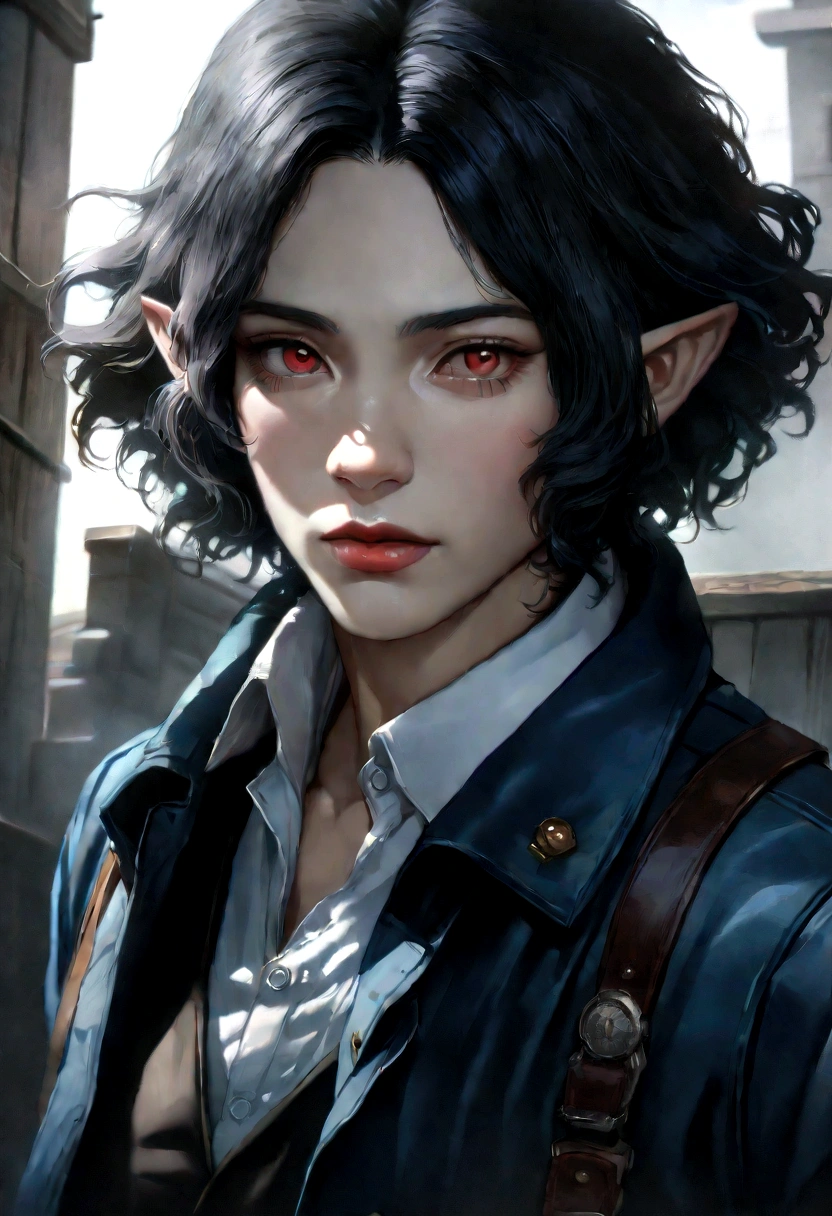 1man,male focus, 18 years old, very short black hair, blue eyes, red eyes, pale skin, pointy ears, fangs, neutral expression, portrait, central, face, (dramatic lighting), (((professional. highly detailed. HD. UHD. HDR. 16K. very high quality. clean. realistic anime. hyper realistic.))), newest, Okumura Rin, Blue Exorcist, newest, anime style