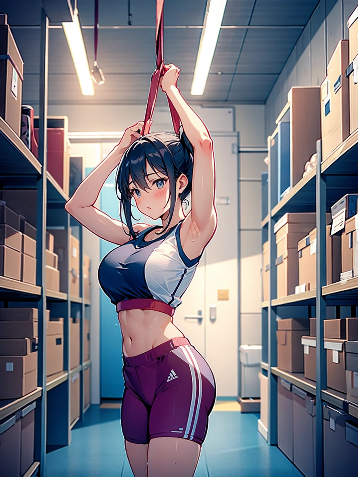 A woman taking off her jersey in the gym storage room, Exhibitionism, 