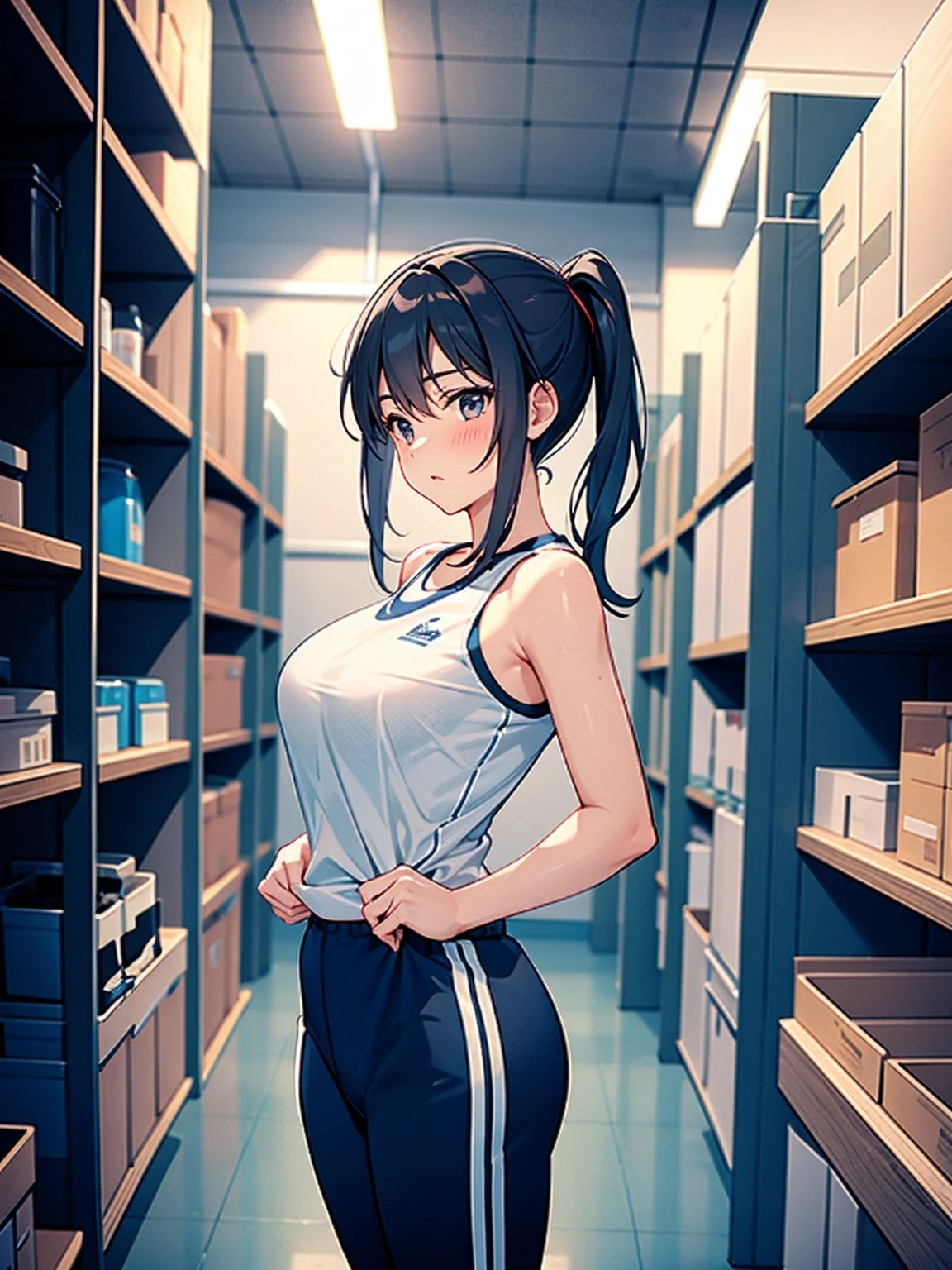 A woman taking off her jersey in the gym storage room, Exhibitionism, 