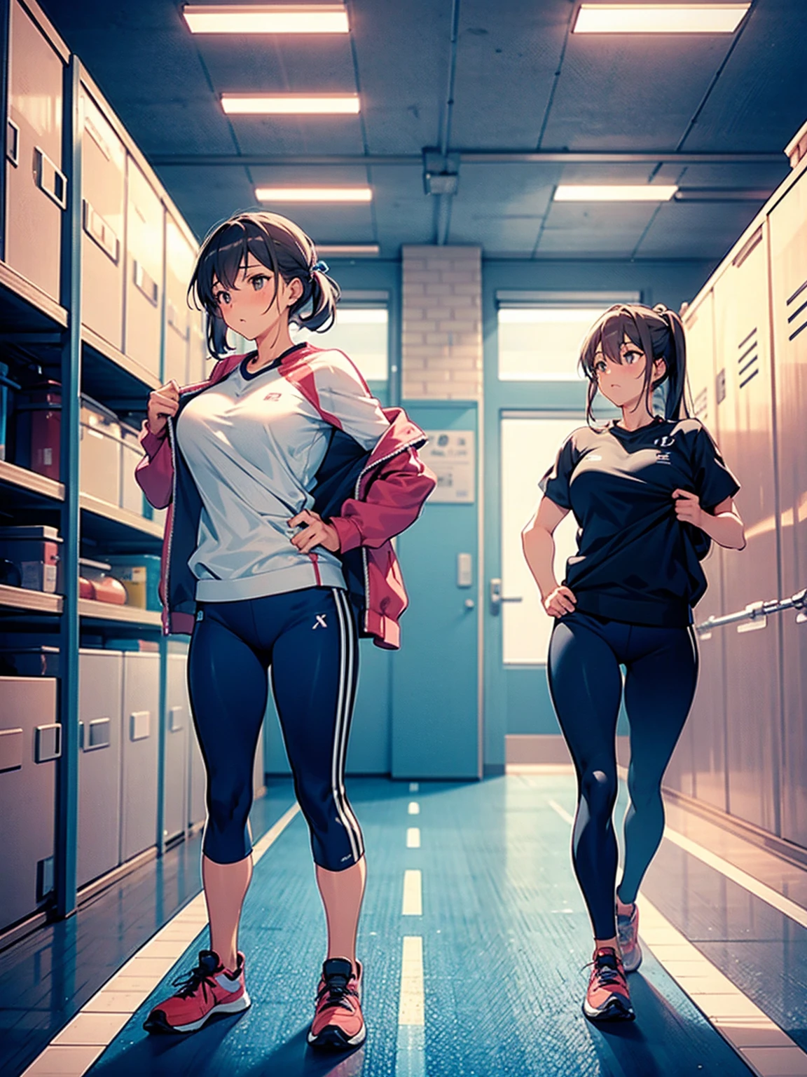 A woman taking off her jersey in the gym storage room, Exhibitionism, 