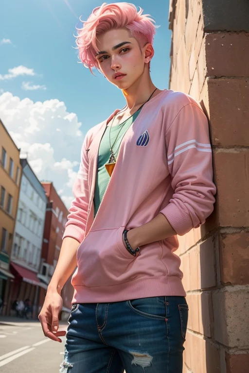((best qualityer)) young effeminate teenager with short, voluminous salmon pink hair, amber triangular eyes, wear loose urban clothing 
