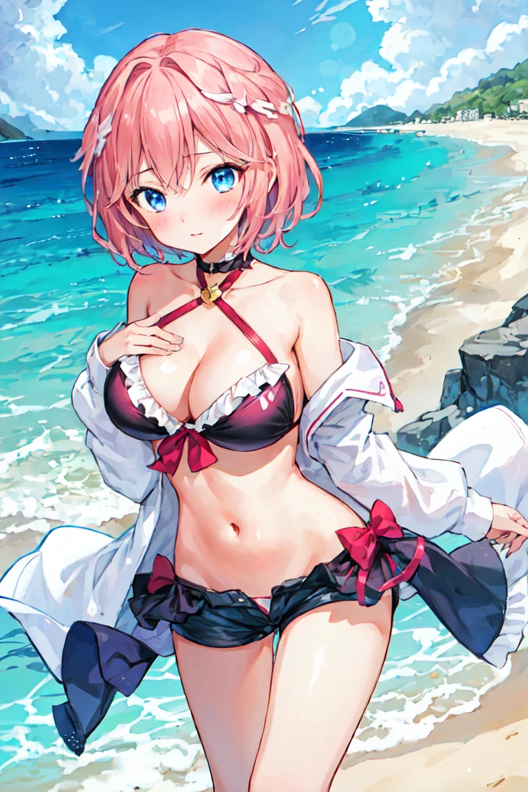 Tabletop, Highest quality, One Girl,takane rui,Pink Short Hair、Sea and beach background、Bikini with red ruffles、Ｈcup chest、blush、magical girl