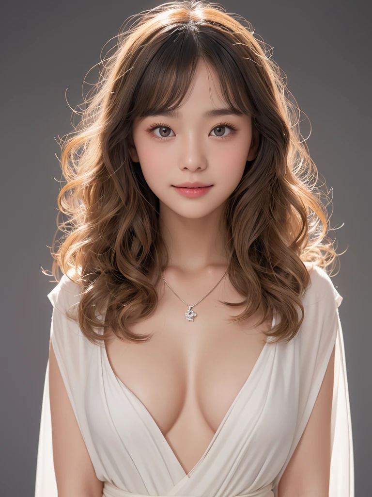 topless, High school girl idol、Naked, Realistic Breasts, Portrait photography best quality、 Super detailed、High resolution、, Super detailedな, Long Hair、Straight bangs, Light blonde hair, Shrine maiden, White Chinese Dress、Gray Background、Bring to the front、Proudly,　necklace, , , The background is moon white, Beautiful junior high school girl, Brown eyes, Beautiful high school girl, Gray Background, topless, Show the left and right nipples properly, , Buried nipples, Slim, A face enduring the cold, Curly/Natural Hair, Red and white kimono, smile