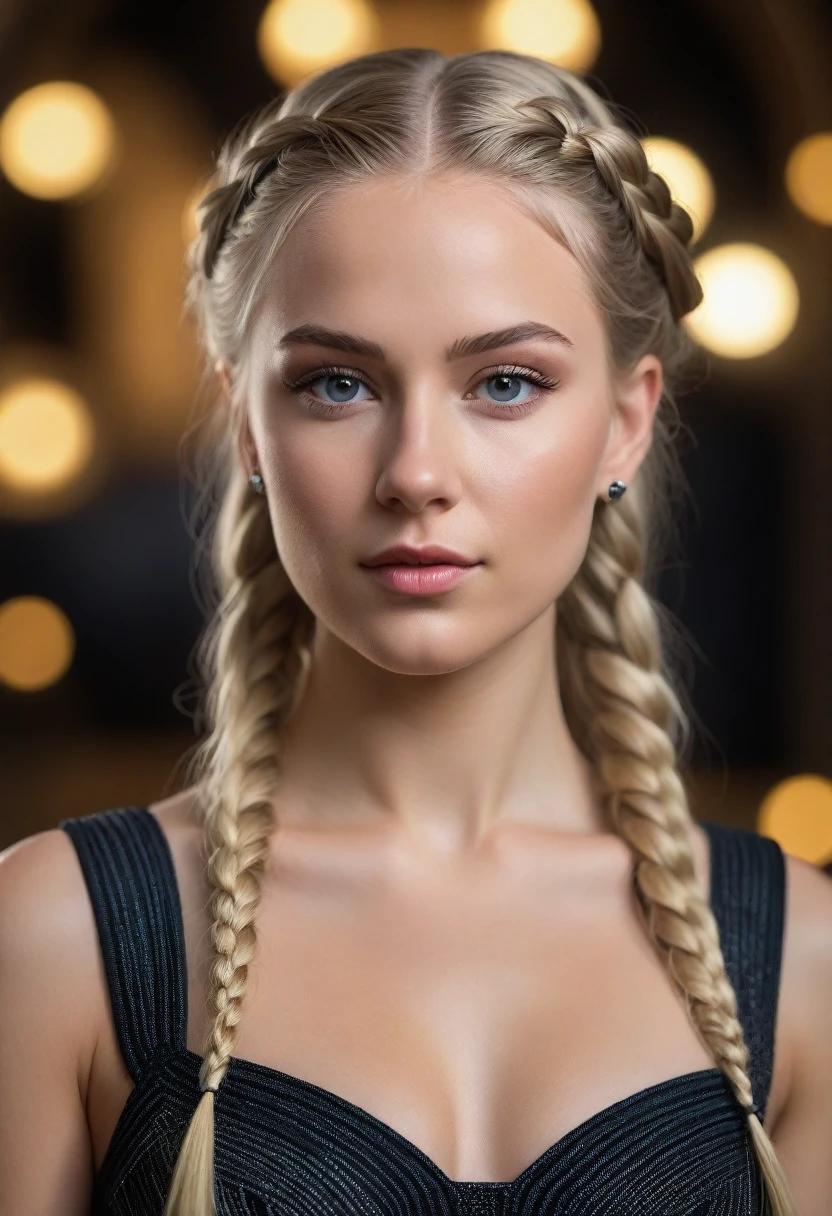 a beautiful 21 yo Oslo Norway woman, Captain Tiassa with long blond braided hair wearing a Venusian black chrome, led lights long dress with diamonds next to Venusian Estate, intricate detailing, HDR, vibrant contrast, 32k resolution, luminism lighting techniques, ultra-realistic digital render, bokeh, mass effect, close up black, beauty, pure perfection, divine presence, unforgettable, impressive, breathtaking beauty, Volumetric light, auras, rays, 8k uhd, dslr, soft lighting, high quality, natural textures 8k masterpiece canon eos r4s 50
