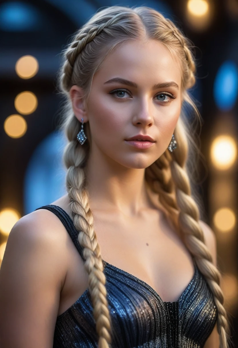 a beautiful 21 yo Oslo Norway woman, Captain Tiassa with long blond braided hair wearing a Venusian black chrome, led lights long dress with diamonds next to Venusian Estate, intricate detailing, HDR, vibrant contrast, 32k resolution, luminism lighting techniques, ultra-realistic digital render, bokeh, mass effect, close up black, beauty, pure perfection, divine presence, unforgettable, impressive, breathtaking beauty, Volumetric light, auras, rays, 8k uhd, dslr, soft lighting, high quality, natural textures 8k masterpiece canon eos r4s 50