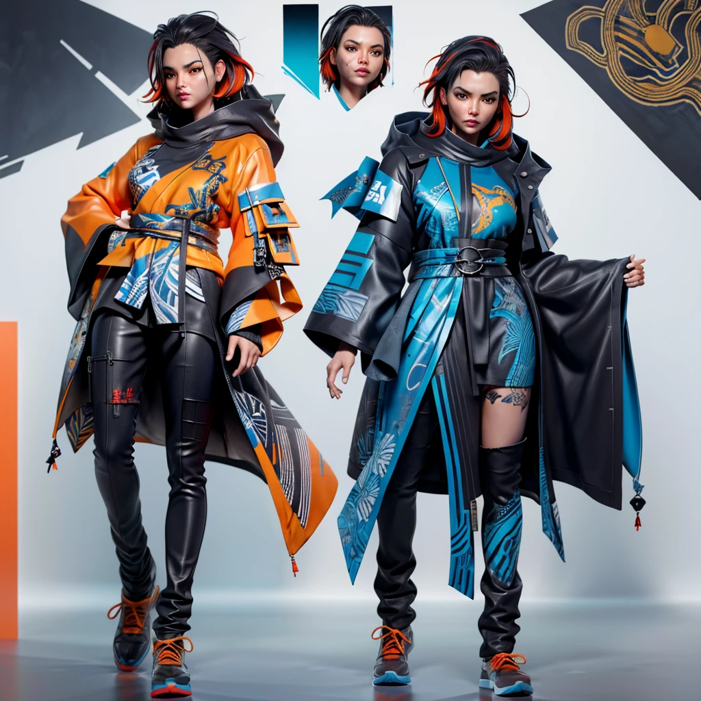 infographic fashion design, multiple concept designs, concept design sheet, blue print paper, photo realistic , 3D, UHD, mixed style of yoji shinkawa, hideo kojima and Yoshitaka Amano , minimalist shiny Sukajan hoodie jacket with (( hybrid of batik and Japanese tatoo drawing style)) , high contrast blending and combination of ((white , lots of red, yellow , blue, orange and black)) colour , matching trousers