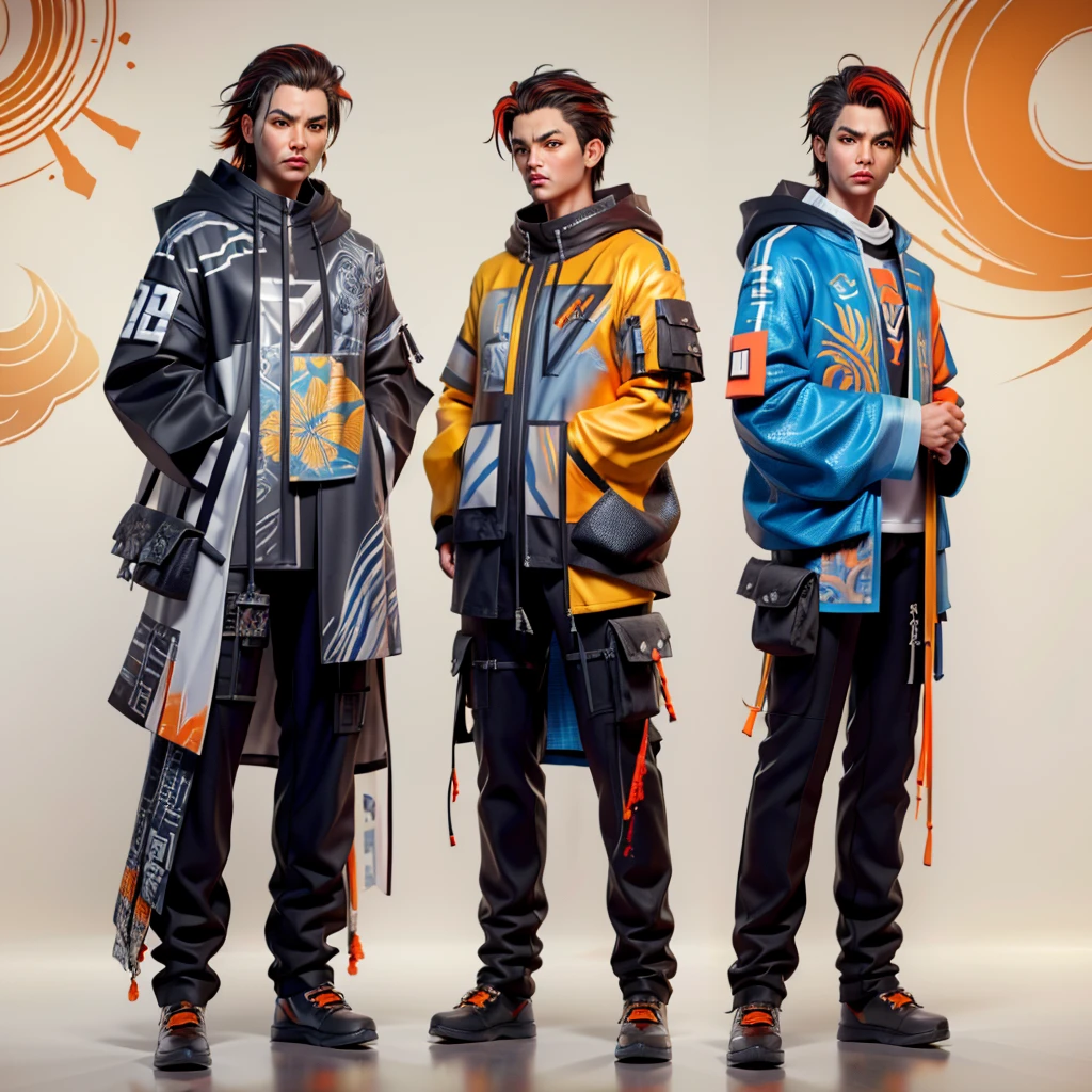 infographic fashion design, multiple concept designs, concept design sheet, blue print paper, photo realistic , 3D, UHD, mixed style of yoji shinkawa, hideo kojima and Yoshitaka Amano , minimalist shiny Sukajan hoodie jacket with (( hybrid of batik and Japanese tatoo drawing style)) , high contrast blending and combination of ((white , lots of red, yellow , blue, orange and black)) colour , matching trousers