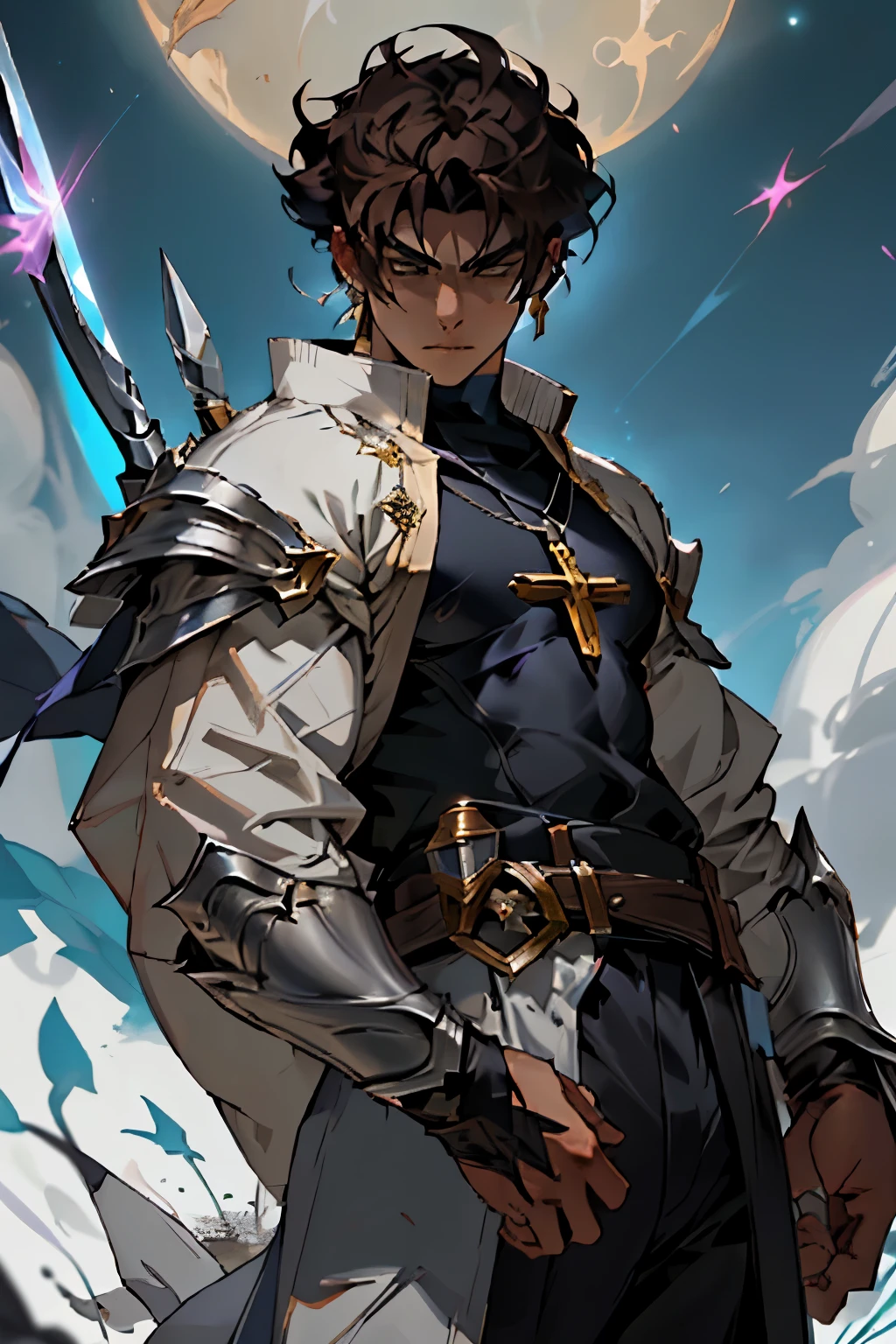 a black skin male human, lucian from league of legends, short brown hair, light domain cleric, priest, with a morning star weapon in his hand