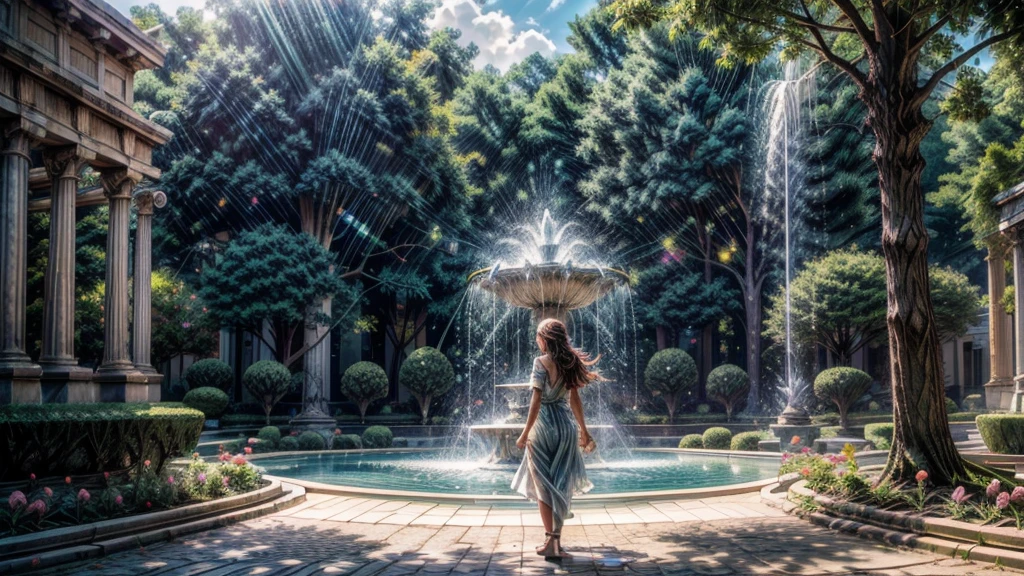  summer heat, anime aestetics, noon, park full of trees, big fountain in the center, greek style fountain, little rainbows,  water drops in the air, calm summer days, green and blue colors, perfect shadows, beauty of nature, stone roads, wide shot, atmospheric perspective, perspective, 4K, 8k, best quality, award winning, anatomically correct, super detail, masterpiece