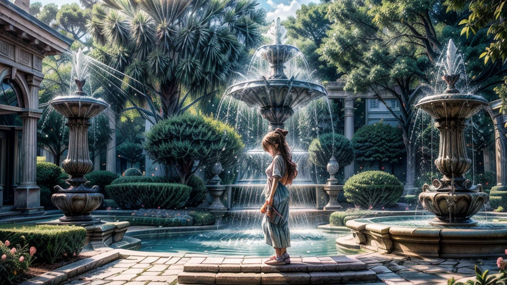  summer heat, anime aestetics, noon, park full of trees, big fountain in the center, greek style fountain, little rainbows,  water drops in the air, calm summer days, green and blue colors, perfect shadows, beauty of nature, stone roads, wide shot, atmospheric perspective, perspective, 4K, 8k, best quality, award winning, anatomically correct, super detail, masterpiece