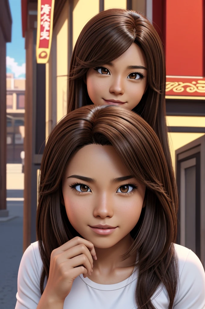 Brown eyes, brown Chinese hair, average size and semi-brown skin, capture of my hero Academia 3D