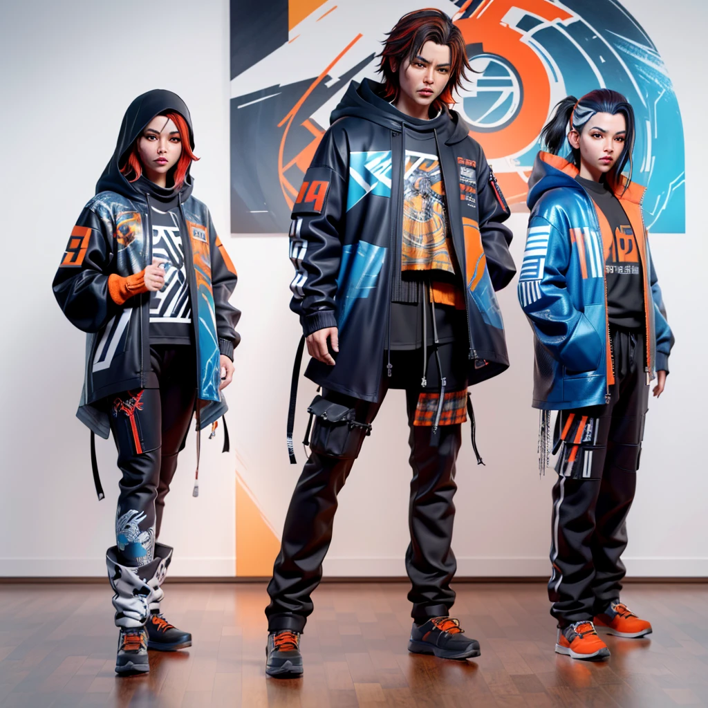 infographic fashion design, multiple concept designs, concept design sheet, blue print paper, photo realistic , 3D, UHD, mixed style of yoji shinkawa, hideo kojima and Yoshitaka Amano , minimalist shiny Sukajan hoodie jacket with (( hybrid of batik and Japanese tatoo drawing style)) , high contrast blending and combination of ((white , lots of red, yellow , blue, orange and black)) colour , matching trousers