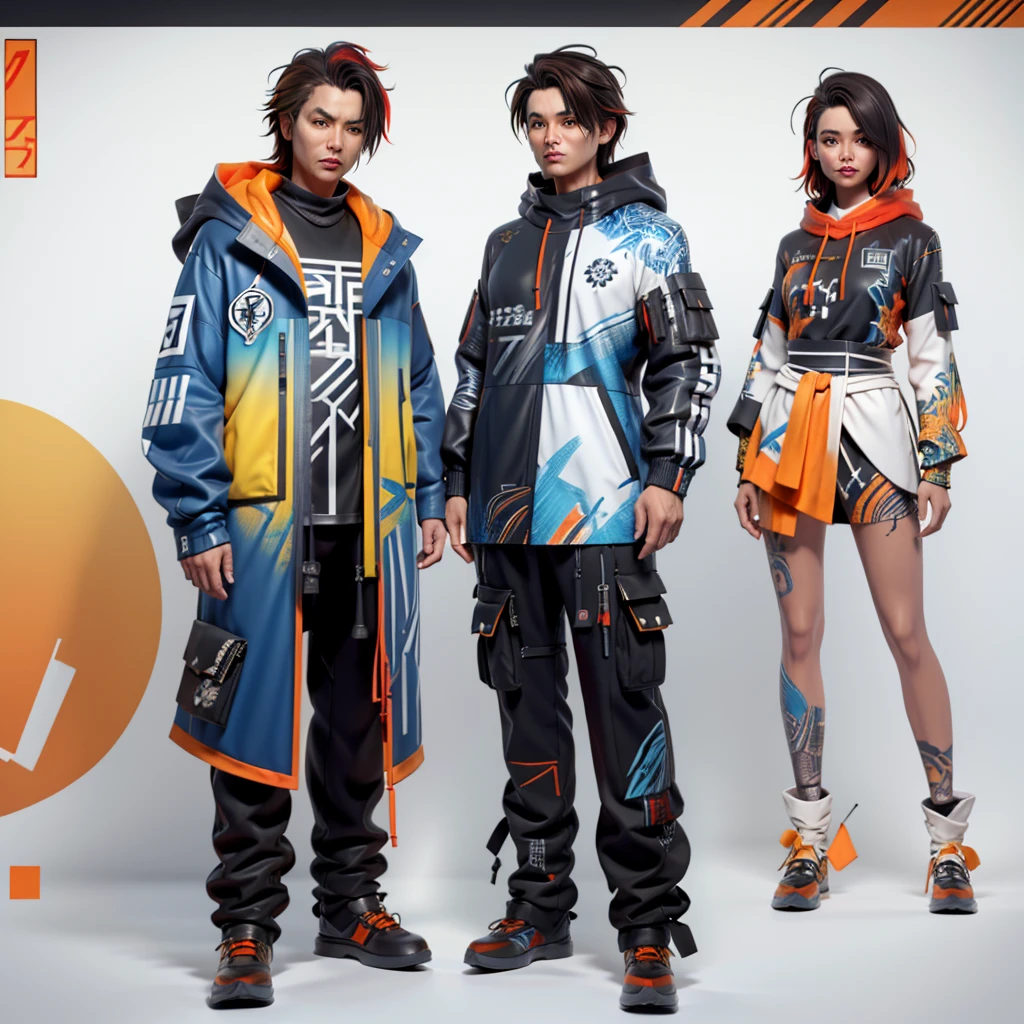 infographic fashion design, multiple concept designs, concept design sheet, blue print paper, photo realistic , 3D, UHD, mixed style of yoji shinkawa, hideo kojima and Yoshitaka Amano , minimalist shiny Sukajan hoodie jacket with (( hybrid of batik and Japanese tatoo drawing style)) , high contrast blending and combination of ((white , lots of red, yellow , blue, orange and black)) colour , matching trousers