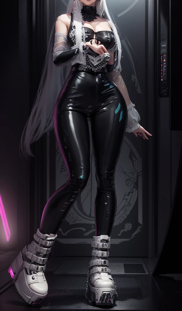 AVATAR SECOND LIFE Korean girl black blouse, asiática White hair, White hair, White hair, Perfect and detailed face, imvu, maximalist details, AVATAR SECOND LIFE Korean blouse and pants , neon, White hair