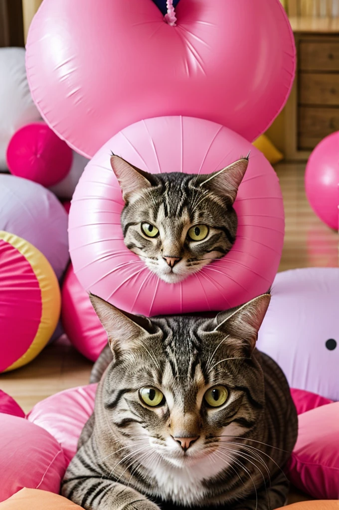 Round pink pinata with a cat image in the center