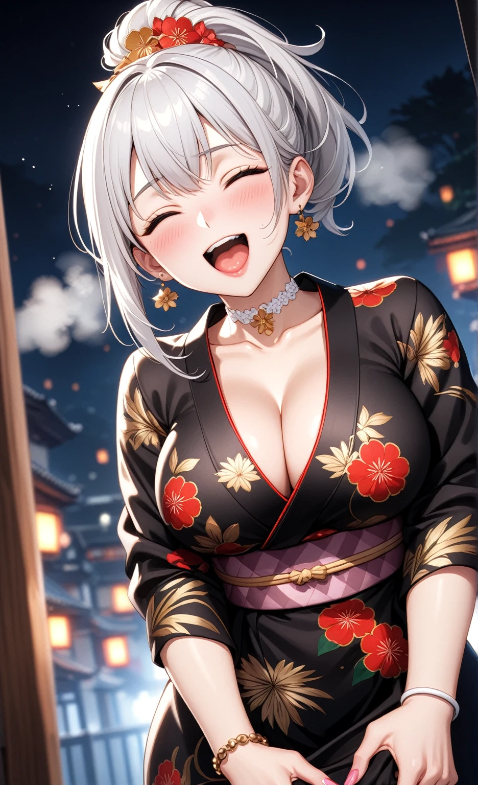 ((One personの女性)), Beautiful Face, Laughing embarrassedly, (laugh:1.2),((incoming kiss,closed eyes:1.9)), (head tilt:1.3), Laugh with your mouth wide open, upper teeth, ((breath:2.0)), looking at viewer,((undressing kimono:2.4)), (((full-face blush:1.6)),Glossy Red Lips,night, rooftop, firework, Glossy red lips, Shining Face, ((Anime style background)),masterpiece, Highest quality, so beautiful,up to date, Complex details, (Pink long nails),(ring),(bracelet),(Floral choker),AI-generated, Complex,High resolution, Highest quality, super high quality,3D Images、3D Images, One person, Long white hair, High Ponytail, Anime woman posing for a photo, (blue eyes), ((Fine grain、Silvery white, lightly pigmented eyes、Shining Eyes:1.4)), (Squint your eyes:1.1),a hyperRealistic , hyperRealistic , Realistic,Anime woman with long white hair, Smooth anime CG art, A woman in a colorful kimono with gold embroidery, ((Black long sleeve kimono:1.3)),Red floral pattern,Long flower hair ornament,Earrings,Mature Body,(Big Breasts:1.1),Tall,Abdominal muscles,Tight waist,(Zoom up to face:1.1), (from below),
