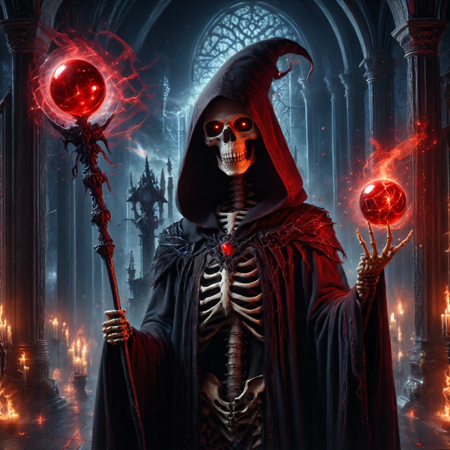 a detailed and realisitic image of a skeleton wizard, wearing black magic cloak and hood, wielding a red orbstaff, glare eyes, Casting red magic, cemetery in the background, night time, High definition, work of art, best qualityer, hyper detailled, ultra detaild, realisitic,