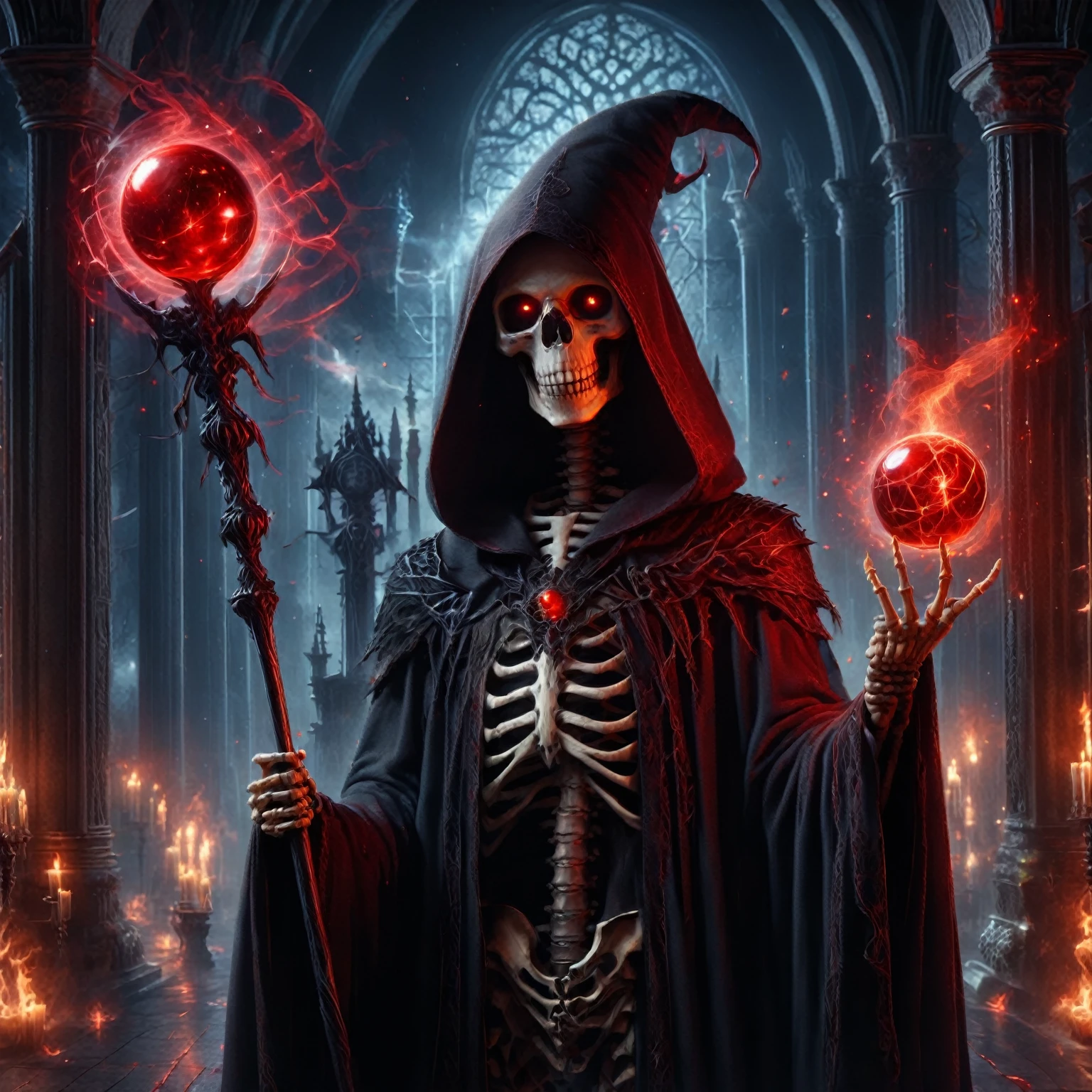 a detailed and realisitic image of a skeleton wizard, wearing black magic cloak and hood, wielding a red orbstaff, glare eyes, Casting red magic, cemetery in the background, night time, High definition, work of art, best qualityer, hyper detailled, ultra detaild, realisitic,