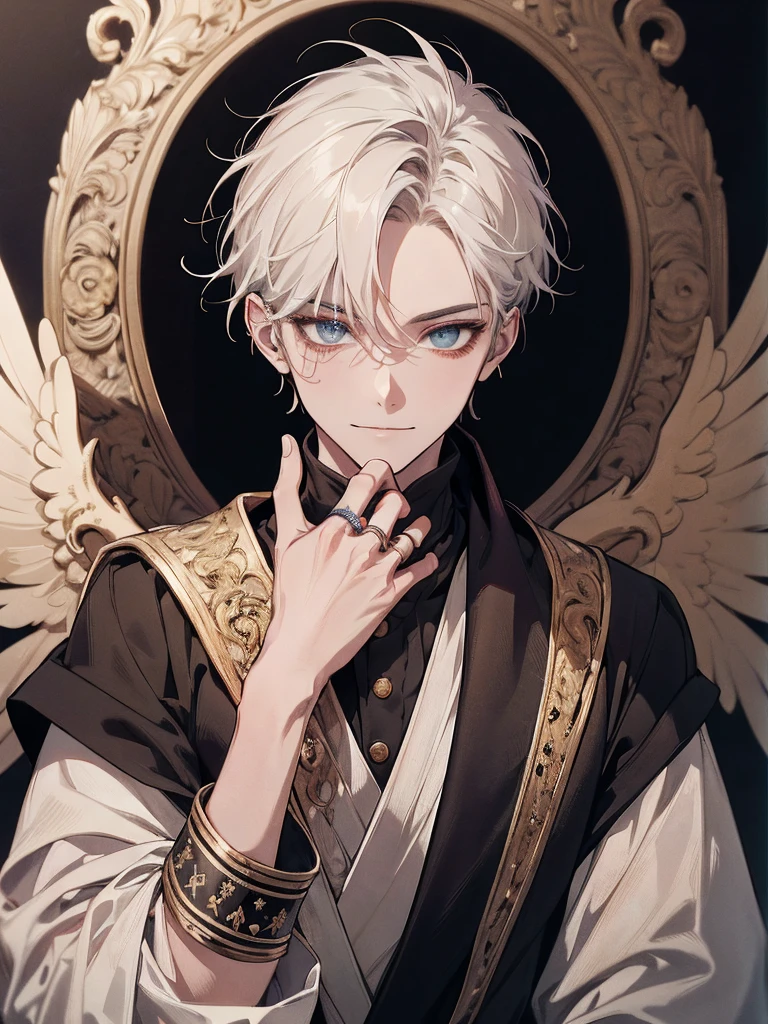 (absurdres, highres, ultra detailed), 1 male, adult, handsome, finely detailed eyes and detailed face, Emperor,, ring in background, Visual art, Occult, Universal, Vision casting, Philosophical, Iconography, Numerology, Popularity, Artistic, short hair, smile, calm expression, half shot