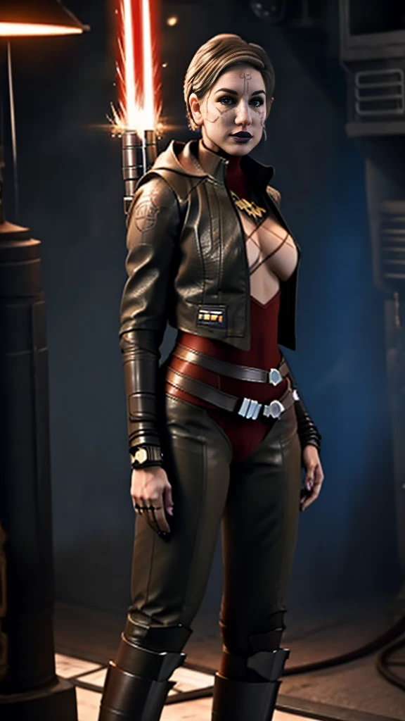 Full length shot, fit, slender pornstar MerrinJS, MerrinJFO, Skimpy strappy outfit with lots of skin showing, intricate clothing, detailed skin, ????, ??????, ????? for a ????, wanton whore, volumetric lighting, 8k, high resolution photo, Star Wars setting