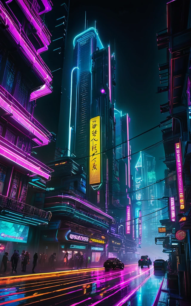 art by mooncryptowow, In the neon-lit streets of a cyberpunk night city, a mesmerizing display of futuristic architecture and dazzling lights creates an electrifying and immersive atmosphere. The dynamic structure is evident as the cityscape interacts with the vibrant cyberpunk elements, resulting in a visually captivating and evocative scene that embodies the ... essence of a technologically advanced and visually stunning environment.