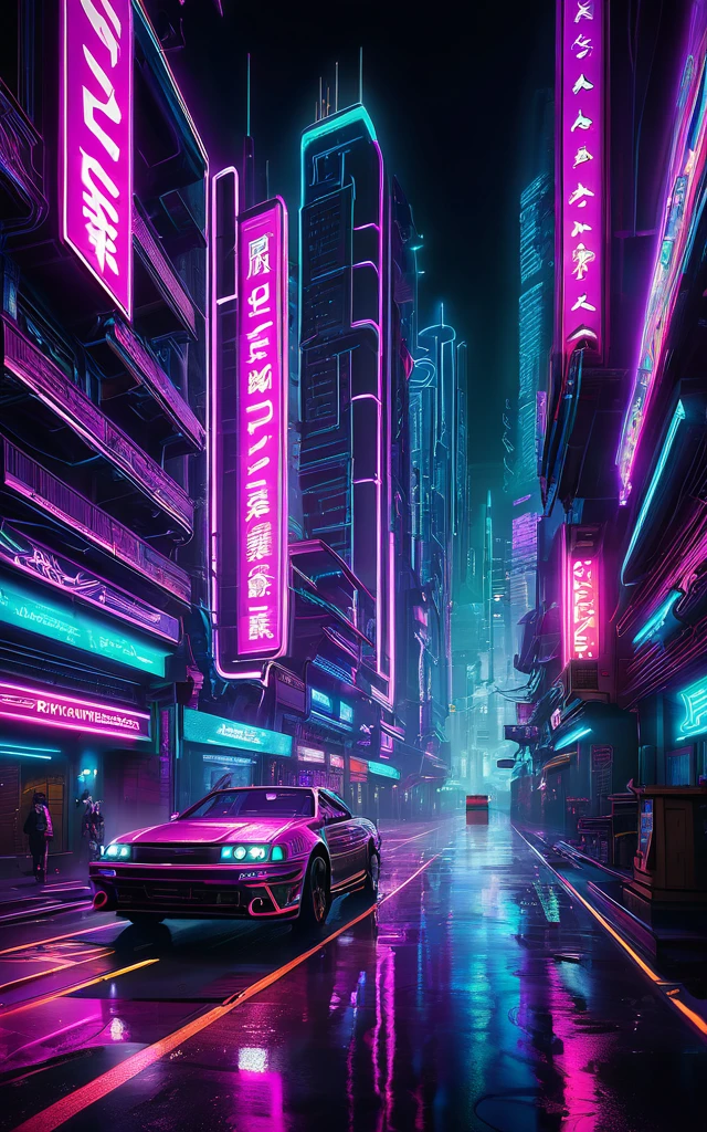 art by mooncryptowow, In the neon-lit streets of a cyberpunk night city, a mesmerizing display of futuristic architecture and dazzling lights creates an electrifying and immersive atmosphere. The dynamic structure is evident as the cityscape interacts with the vibrant cyberpunk elements, resulting in a visually captivating and evocative scene that embodies the ... essence of a technologically advanced and visually stunning environment.