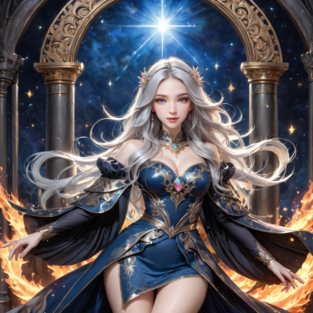 8K resolution, masterpiece, Highest quality, Award-winning works, unrealistic, From above, erotic, sole sexy lady, healthy shaped body, 22 years old, black mage, 165cm tall, huge firm bouncing busts,, white silver long wavy hair, Detailed facial depictions, BREAK, Mysterious blue eyes, Standard nose, Eyeliner, pink lips, sexy long legs, Clear skin, holy knight, Gothic ruffle long dress, A dress with a complex structure, Seven-colored colorful dress, Clothed in flames, royal coat of arms, elegant, Very detailed, Delicate depiction of hair, miniature painting, Digital Painting, Art Station, Concept art, Smooth, Sharp focus, shape, Art Jam、Greg Rutkowski、Alphonse Mucha's、William Adolphe Bouguereau、art:Stephanie Law , Royal Jewel, nature, Symmetric, Greg Rutkowski, Charlie Bowwater, Unreal, surreal, Dynamic Lighting, Fantasy art, Complex colors, Colorful magic circle, flash, dynamic sexy poses, A kind smile, Mysterious Background, Aura, A gentle gaze, BREAK, Small faint lights and flying fireflies, night, lanthanum, From above, looking down on the world below, Starry Sky, milky way, nebula, shooting star