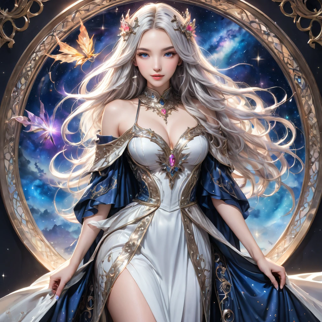 8K resolution, masterpiece, Highest quality, Award-winning works, unrealistic, From above, erotic, sole sexy lady, healthy shaped body, 22 years old, black mage, 165cm tall, huge firm bouncing busts,, white silver long wavy hair, Detailed facial depictions, BREAK, Mysterious blue eyes, Standard nose, Eyeliner, pink lips, sexy long legs, Clear skin, holy knight, Gothic ruffle long dress, A dress with a complex structure, Seven-colored colorful dress, Clothed in flames, royal coat of arms, elegant, Very detailed, Delicate depiction of hair, miniature painting, Digital Painting, Art Station, Concept art, Smooth, Sharp focus, shape, Art Jam、Greg Rutkowski、Alphonse Mucha's、William Adolphe Bouguereau、art：Stephanie Law , Royal Jewel, nature, Symmetric, Greg Rutkowski, Charlie Bowwater, Unreal, surreal, Dynamic Lighting, Fantasy art, Complex colors, Colorful magic circle, flash, dynamic sexy poses, A kind smile, Mysterious Background, Aura, A gentle gaze, BREAK, Small faint lights and flying fireflies, night, lanthanum, From above, looking down on the world below, Starry Sky, milky way, nebula, shooting star