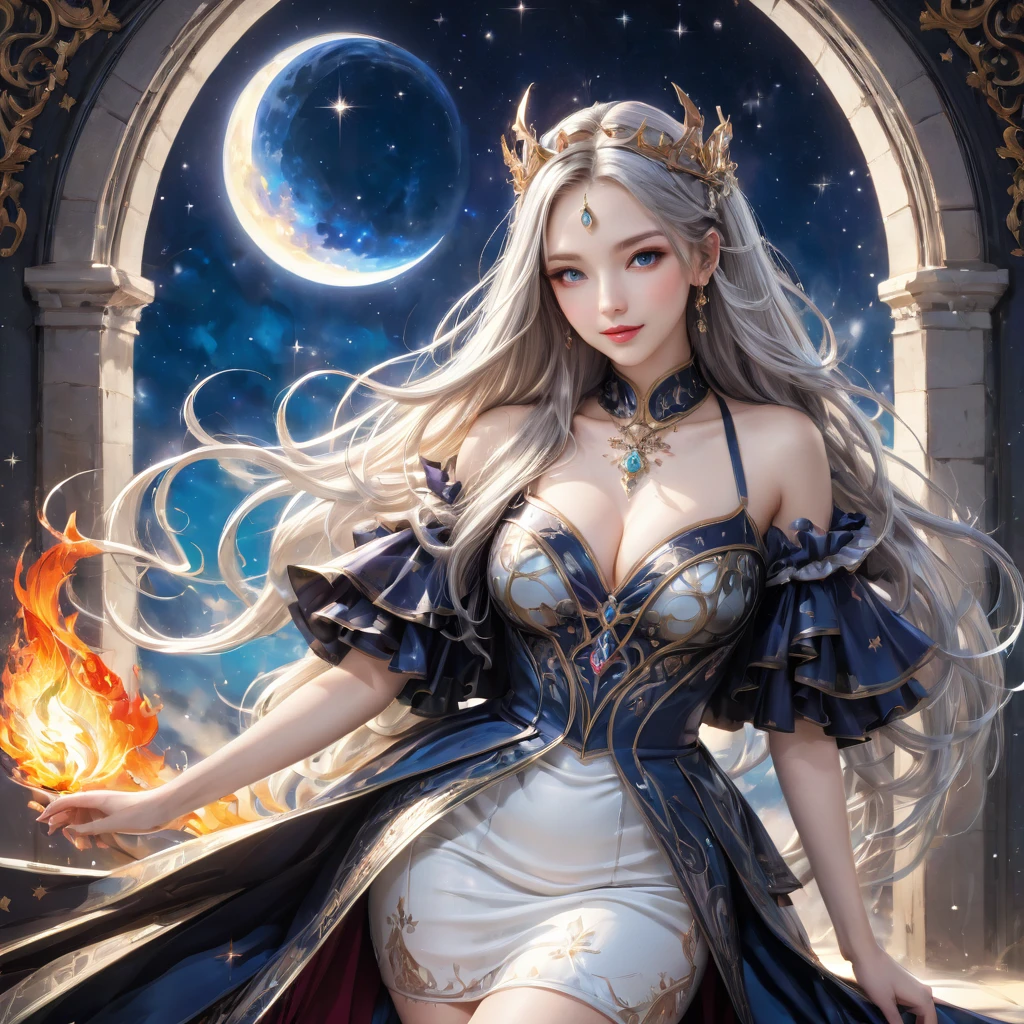 8K resolution, masterpiece, Highest quality, Award-winning works, unrealistic, From above, erotic, sole sexy lady, healthy shaped body, 22 years old, black mage, 165cm tall, huge firm bouncing busts,, white silver long wavy hair, Detailed facial depictions, BREAK, Mysterious blue eyes, Standard nose, Eyeliner, pink lips, sexy long legs, Clear skin, holy knight, Gothic ruffle long dress, A dress with a complex structure, Seven-colored colorful dress, Clothed in flames, royal coat of arms, elegant, Very detailed, Delicate depiction of hair, miniature painting, Digital Painting, Art Station, Concept art, Smooth, Sharp focus, shape, Art Jam、Greg Rutkowski、Alphonse Mucha's、William Adolphe Bouguereau、art:Stephanie Law , Royal Jewel, nature, Symmetric, Greg Rutkowski, Charlie Bowwater, Unreal, surreal, Dynamic Lighting, Fantasy art, Complex colors, Colorful magic circle, flash, dynamic sexy poses, A kind smile, Mysterious Background, Aura, A gentle gaze, BREAK, Small faint lights and flying fireflies, night, lanthanum, From above, looking down on the world below, Starry Sky, milky way, nebula, shooting star