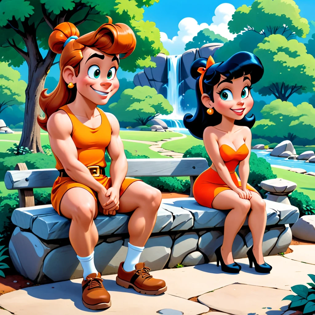 Fred and Wilma Flintstone sitting on a stone bench in the park