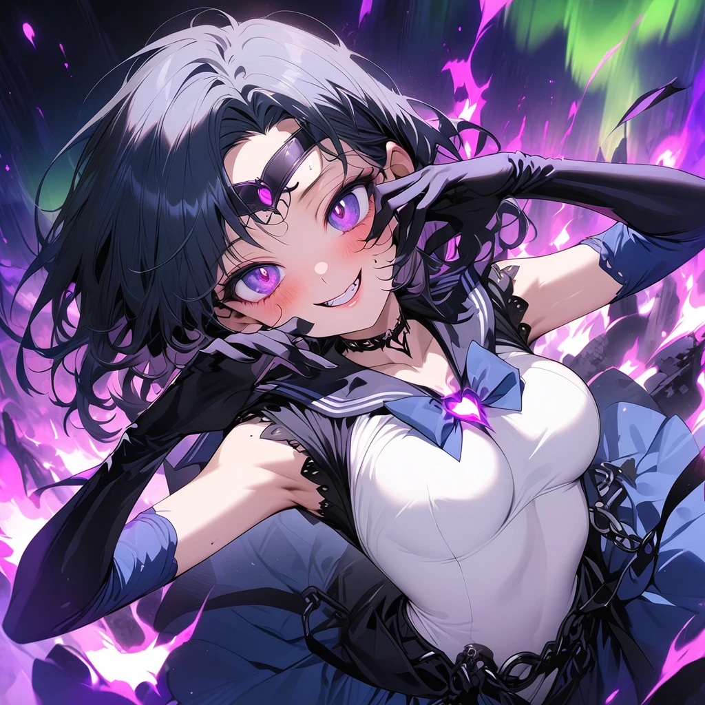 masterpiece, best quality, ultra-detailed, illustration, beautiful detailed eyes, ecstasy, happy, blush, looking at viewer, pillars of purple fire, Feeling magical energy, both hands on own face, dark persona, evil smile, Leading a ritual, aurora, wasteland, , beautiful art, high res, perfect face, detailed outfit, Dark Mercury, Mizuno Ami, blue hair, dark blue eyes, dark blue sailor collar, white leotard, black chain around the waist, black and blue bow on the chest and on the back, white elbow gloves, blue skirt, high-knee boots, black tiara,